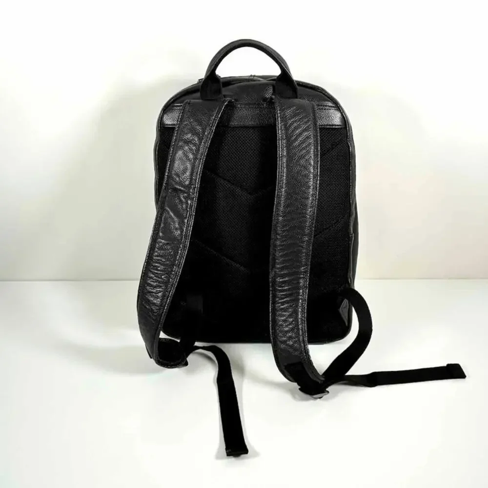 Au Printemps Paris Black Leather Backpack - Laptop Sleeve - Padded Straps